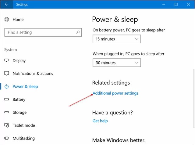 Mở cửa sổ Power Options